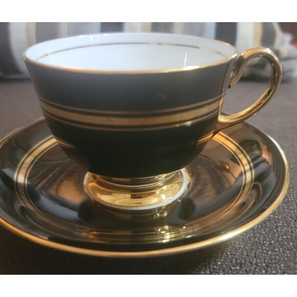 Aynsley England Bone China Tea Cup Saucer Shiny Black Gold stripe 1930s VTG - Picture 4 of 10